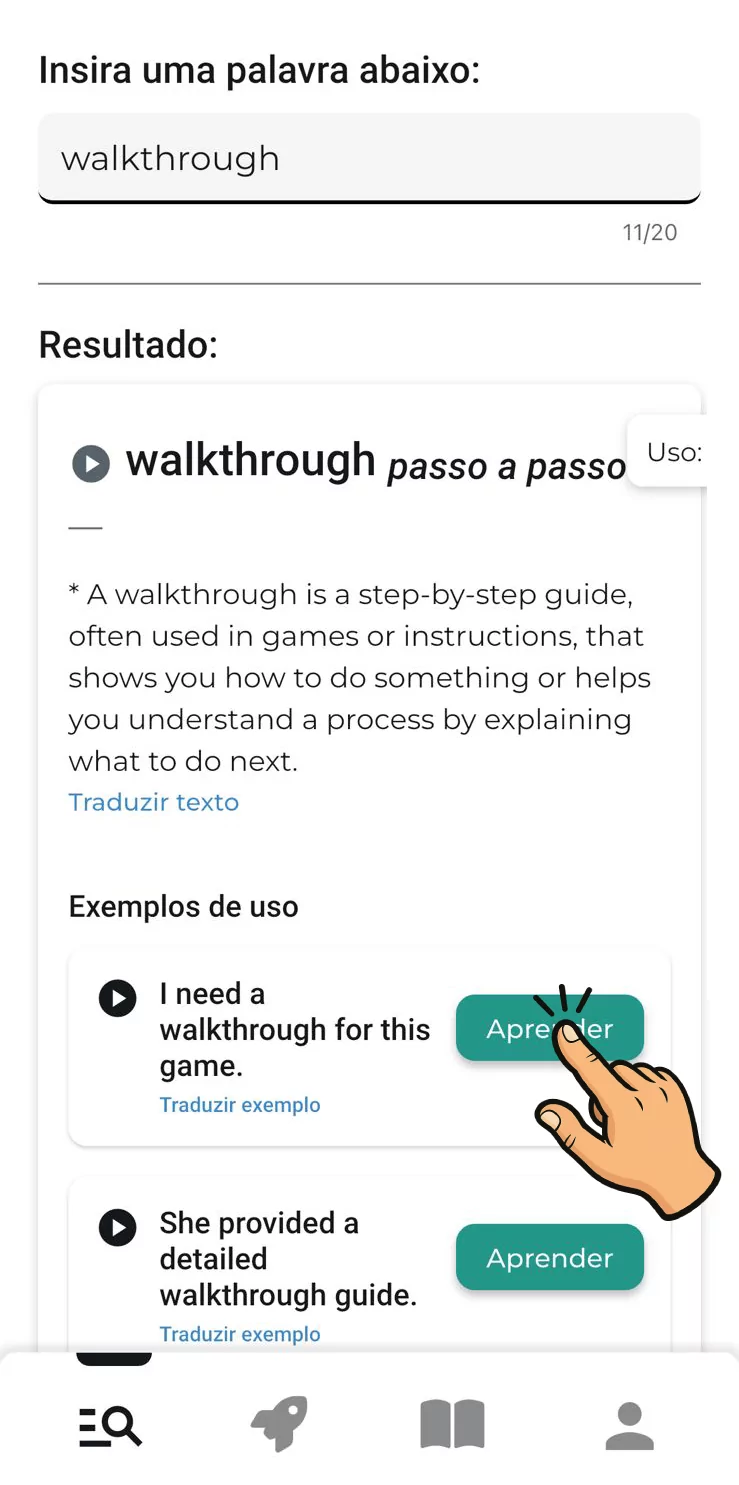dailyBe dictionary (in Portuguese) for the word walkthrough: translation, definition and example sentences, each with a Learn button